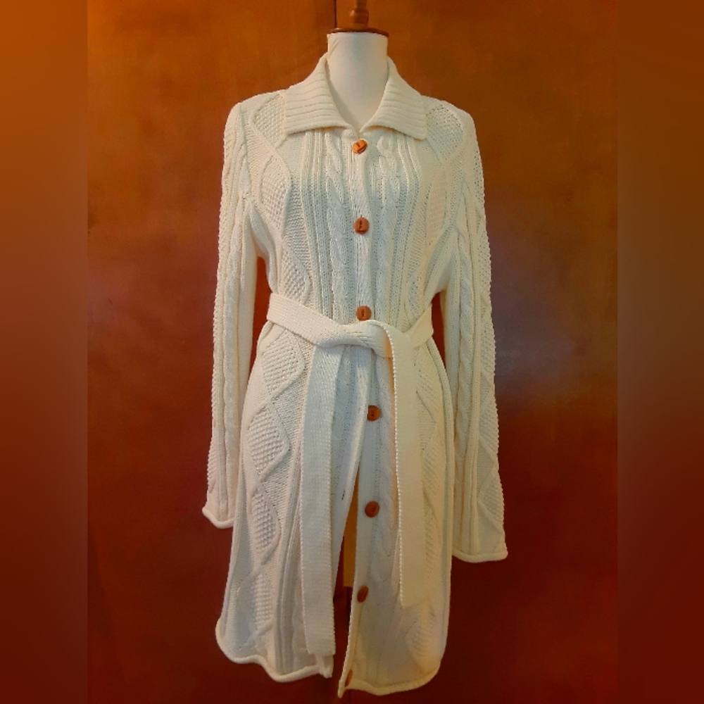 Cozy, cream-colored, long, cable knit, thick, heavy soft fall/winter sweater